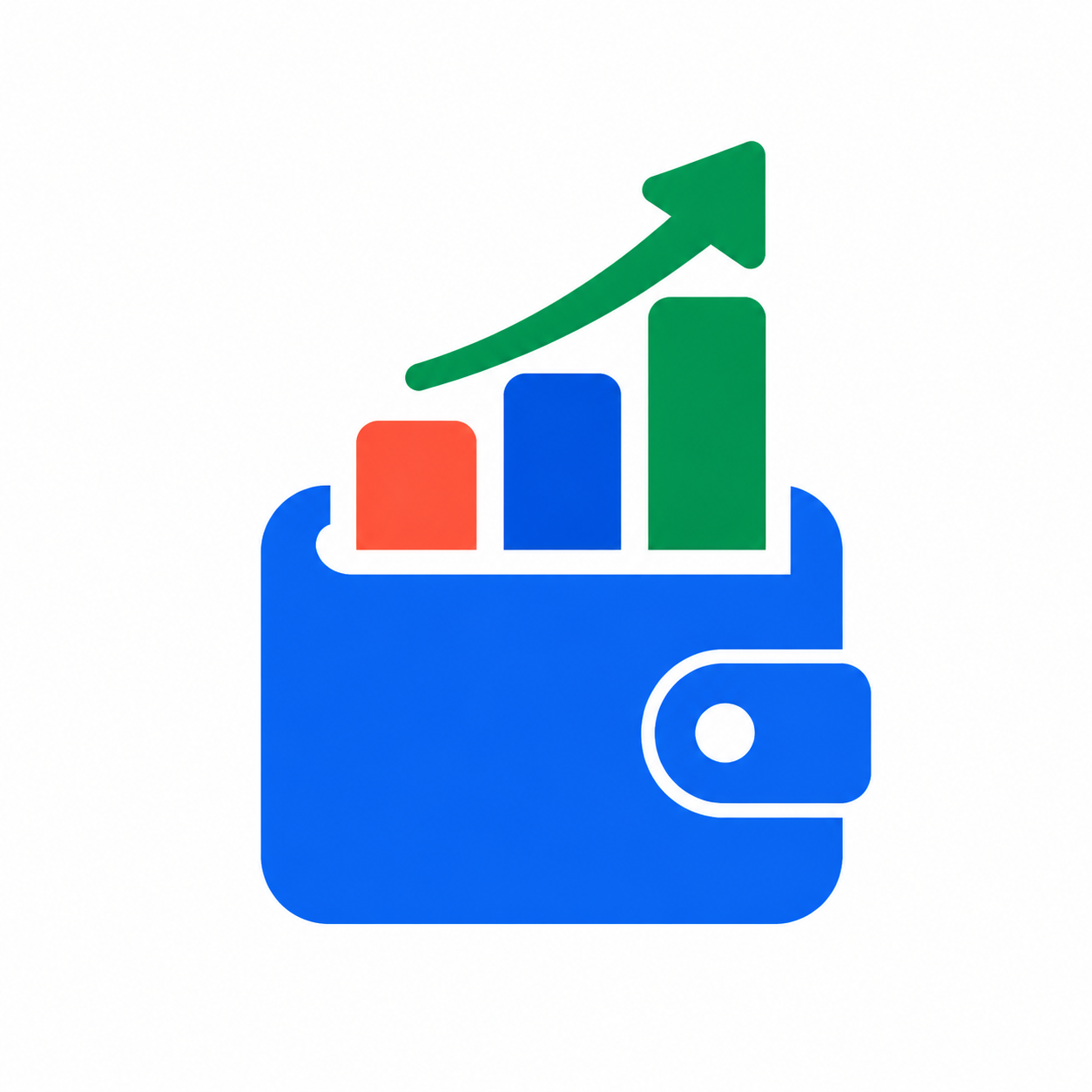 Blue wallet with coins and an upward financial growth chart