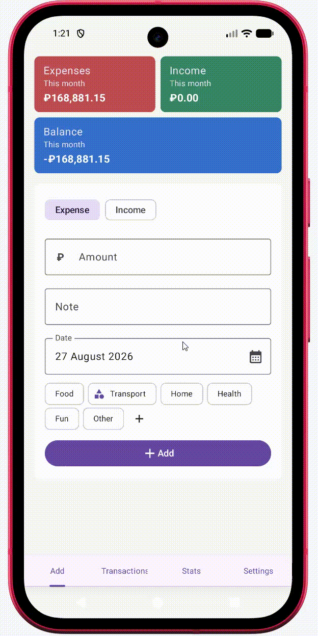 Animated demonstration of adding an expense in BudgetLife