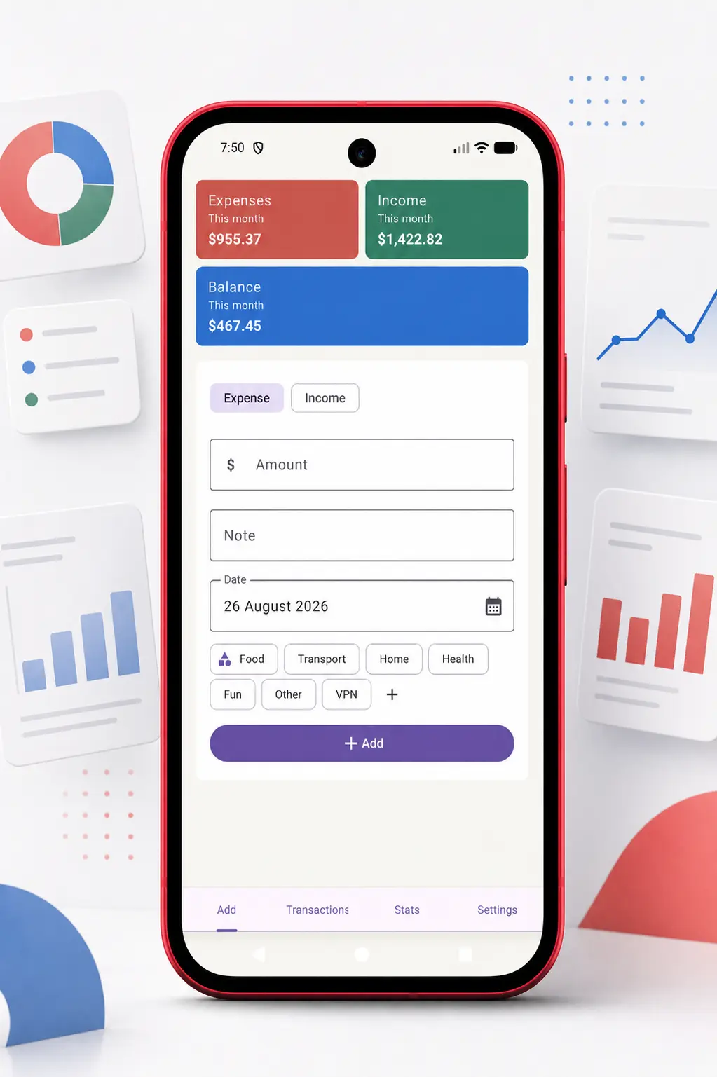 BudgetLife transaction form with amount, date, note, and category fields